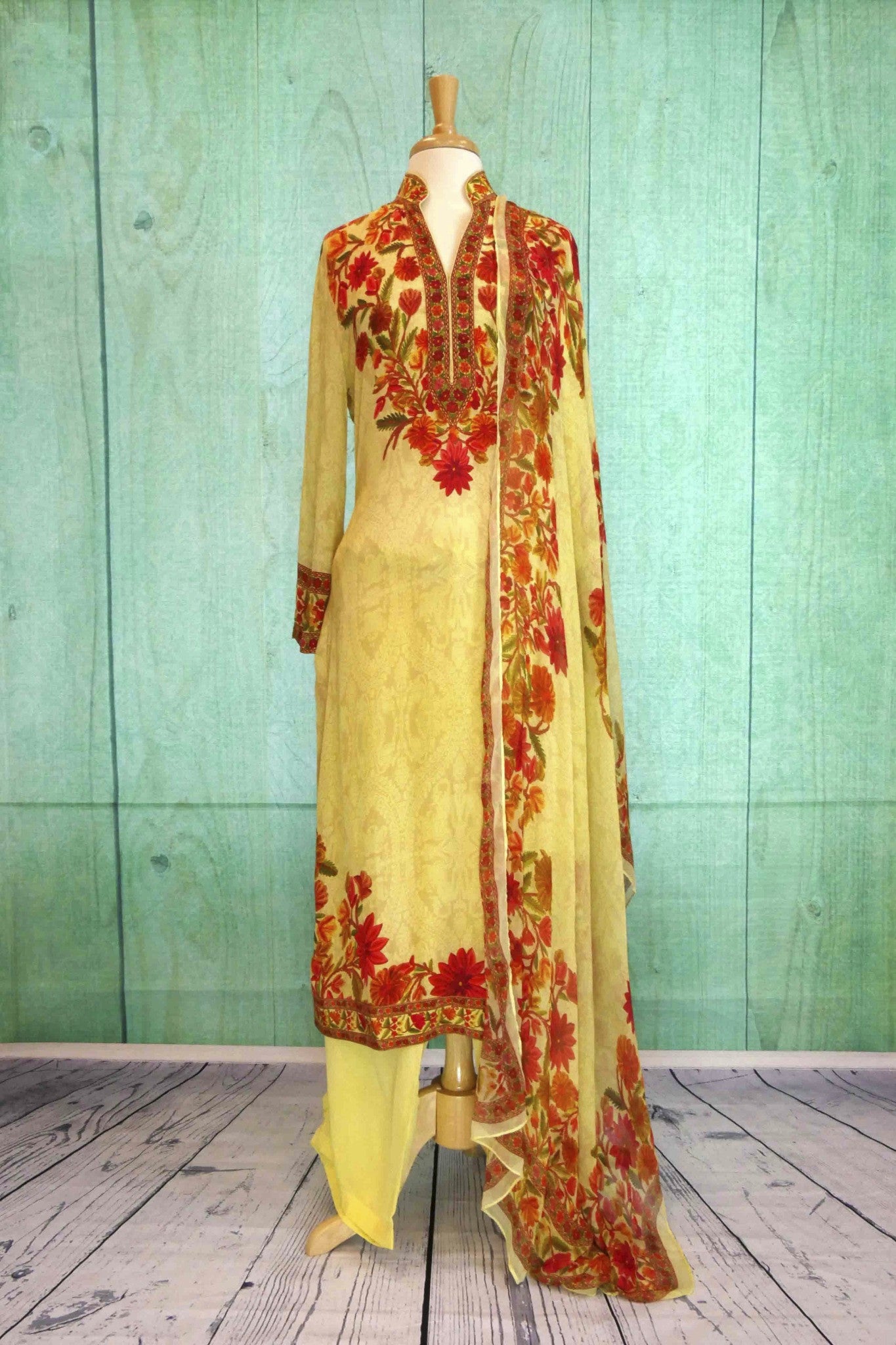501109 Pastel Yellow Suit With Floral Embroidery